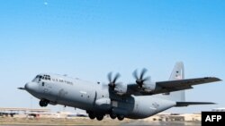 (FILE) US Air Force C-130J Super Hercules loaded with humanitarian aid takes off bound for an airdrop over Gaza on March 2, 2024.