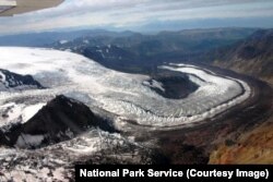 A view from above of a winding glacier, Wrangell-St. Elias National Park