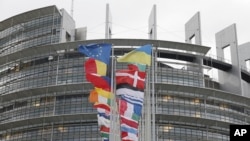 欧洲议会在法国斯特拉斯堡的大厦外飘扬这欧洲国家的旗帜。（2024年2月7日）