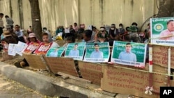 Supporters of three land rights activists protest in the Cambodian capital Phnom Penh, on May 22, 2023, to demand their release from pre-trial detention.