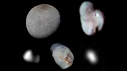 Спутники Плутона: Харон (вверху слева), далее по часовой стрелке Гидра, Кербер, Никта, Стикс