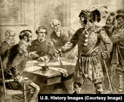 Van Buren also continued Jackson's policies on Native Americans. He aimed to move tribes to west of the Mississippi River. Here, a Seminole leader in Florida, Osceola, objects to U.S. officials. The image is from From a textbook by Edward Ellis published before 1920.