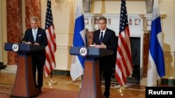 Совместная пресс-конференция госсекретаря США Энтони Блинкена и министра иностранных дел Финляндии Пекке Хаависто в Вашингтоне. 27 мая 2022г. 