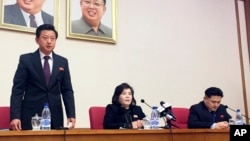 North Korean Vice Foreign Minister Choe Son Hui, center, speaks at a gathering for diplomats in Pyongyang, North Korea, March 15, 2019.