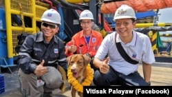 Oil rig workers take a picture with Boonrod, the dog they rescued at sea. (Photo courtesy Vitisak Palayaw via Facebook)