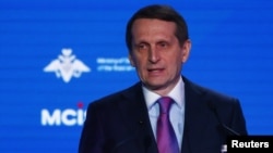 세르게이 나리슈킨 러시아 대외정보국(SVR) 국장이 지난 2018년 모스크바에서 열린 안보회의에서 연설하고 있다. (자료사진)
