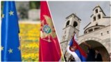 Combo photograph EU/Montenegro flags and Church of the Christ's Resurrection in Podgorica 