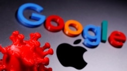 3D printed coronavirus model and Google logo are placed near an Apple Macbook Pro in this illustration taken April 12, 2020. REUTERS/Dado Ruvic/Illustration