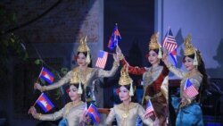 Khmer Apsara dancers holding both American and Cambodian flags open a ceremony to commemorate 70 years of diplomatic ties between the two countries, January 2020. (Photo courtesy of U.S. Embassy in Cambodia) 