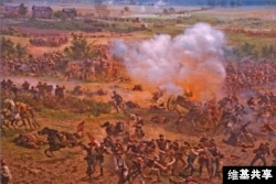 A scene from the 114-meter-wide Gettysburg Cyclorama painting. Pictured is "Pickett's Charge," the Confederate attack on Union forces on July 3, 1863. (Photo by Ron Cogswell)