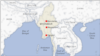 英语缅甸地图上标出的内比都、曼德勒和仰光等城市。