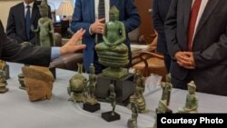 Khmer artifacts were displayed during the handover ceremony to Cambodian government at the Manhattan District Attorney Office, in New York, on June 09, 2021. (Courtesy of Royal Embassy of Cambodia to the United States)