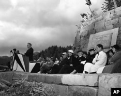 President Franklin D. Roosevelt is dedicating the Great Smoky Mountains National Park at Newfound Gap, N.C.-Tennessee, on Sep. 2, 1940.