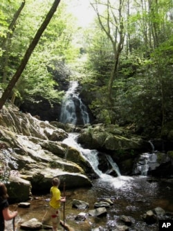 A boy plays at the bottom of Spruce Flats Falls in the Great Smoky Mountains National Park.