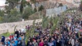 Ribuan umat Kristiani berjalan dalam prosesi "Minggu Palma" di Bukit Zaitun di Yerusalem timur, Minggu, 24 Maret 2024. 