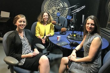 Elise Dietrichson (left), Fatima Sator (center) and Rebecca Adami (right) at UN News studio in UN Headquarters in New York.