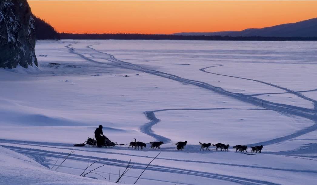 The glow of the sunset lights up the Yukon River as Jason Mackey passes by in the 2024 Iditarod.