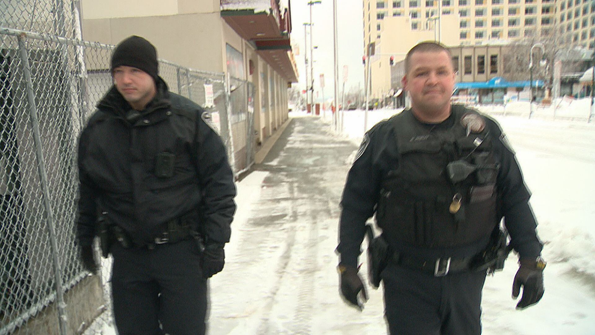 Officers Levi Stout and Matt Pendley patrol in downtown Anchorage
