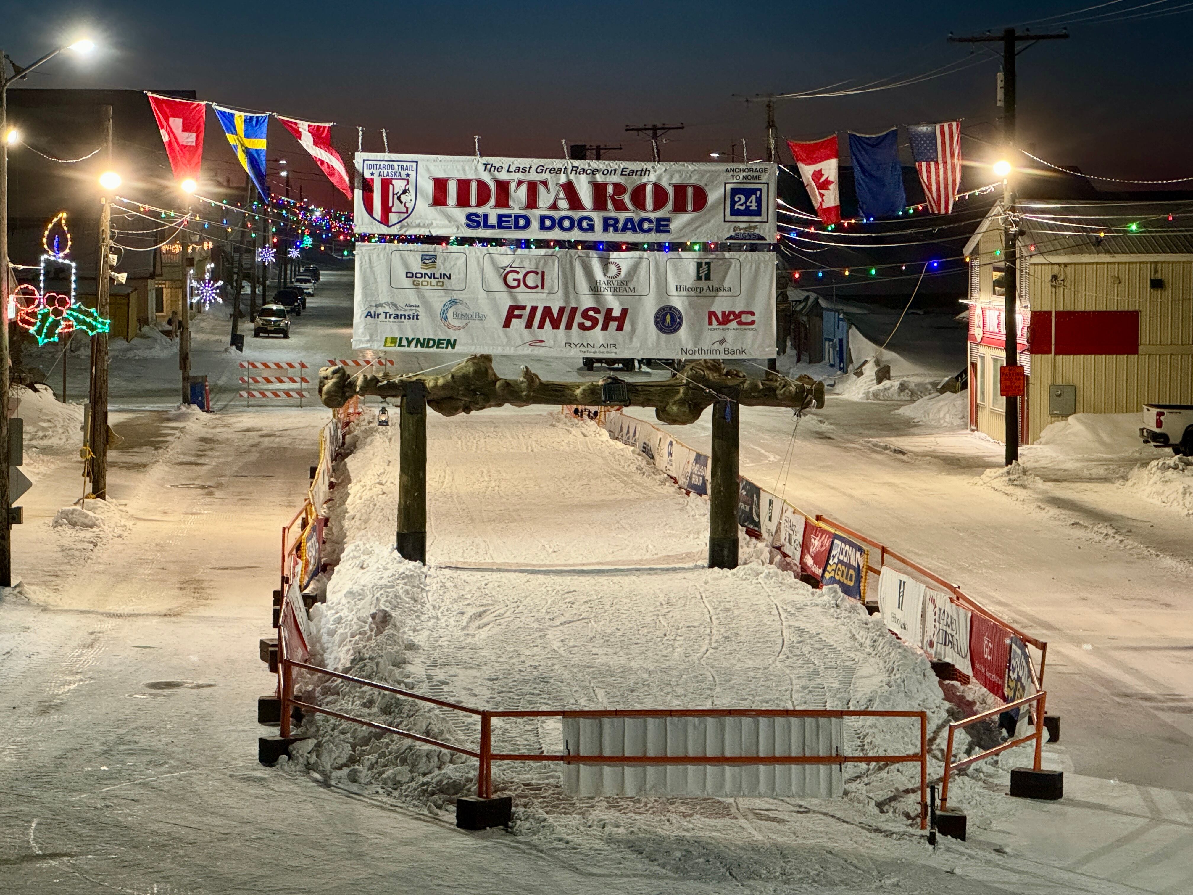 The finish chute of the Iditarod stands vacant hours before the finish on March 12, 2024.