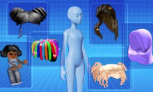 A collage of Roblox hair accessories and avatars on a blue, cyberlike background.