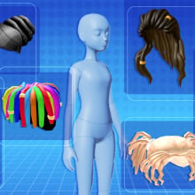 A collage of Roblox hair accessories and avatars on a blue, cyberlike background.