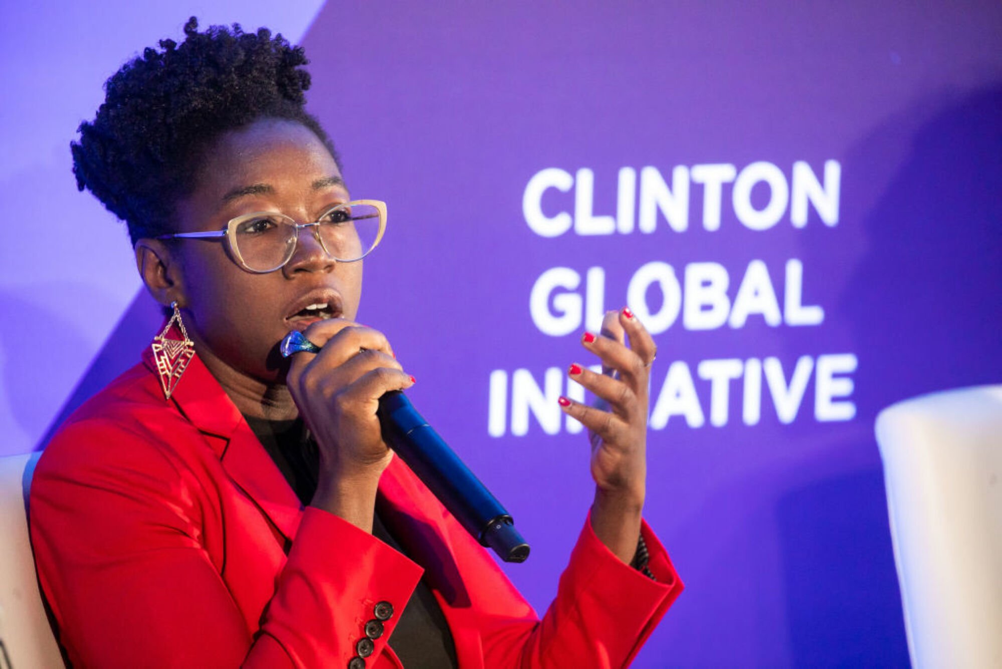 Joy Buolamwini, president and artist-in-chief of the Algorithmic Justice League, speaks during the Clinton Global Initiative (CGI) annual meeting in New York, US, on Monday, Sept. 18, 2023.