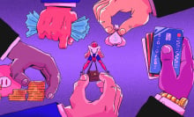femme person dragging purse held by giant hand, surrounded by other giant hands with money and credit cards