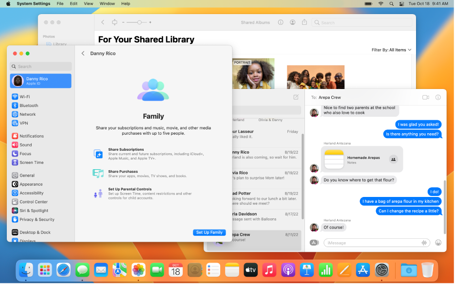 A Mac desktop with several open windows: System Settings shows Family Sharing settings, Photos shows an iCloud Shared Photo Library, and the Messages window shows a conversation that includes a note a group is collaborating on.