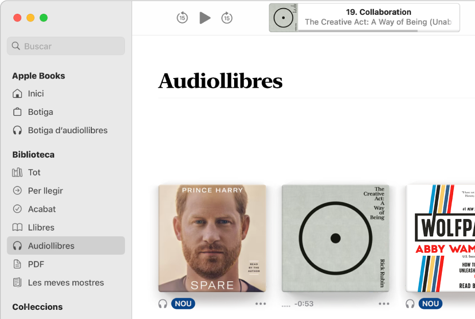 El reproductor d’audiollibres. Al llarg de la part superior hi ha els controls del reproductor, una miniatura de la portada, el títol i l’autor de l’audiollibre. A sota hi ha la col·lecció Audiollibres de la biblioteca.