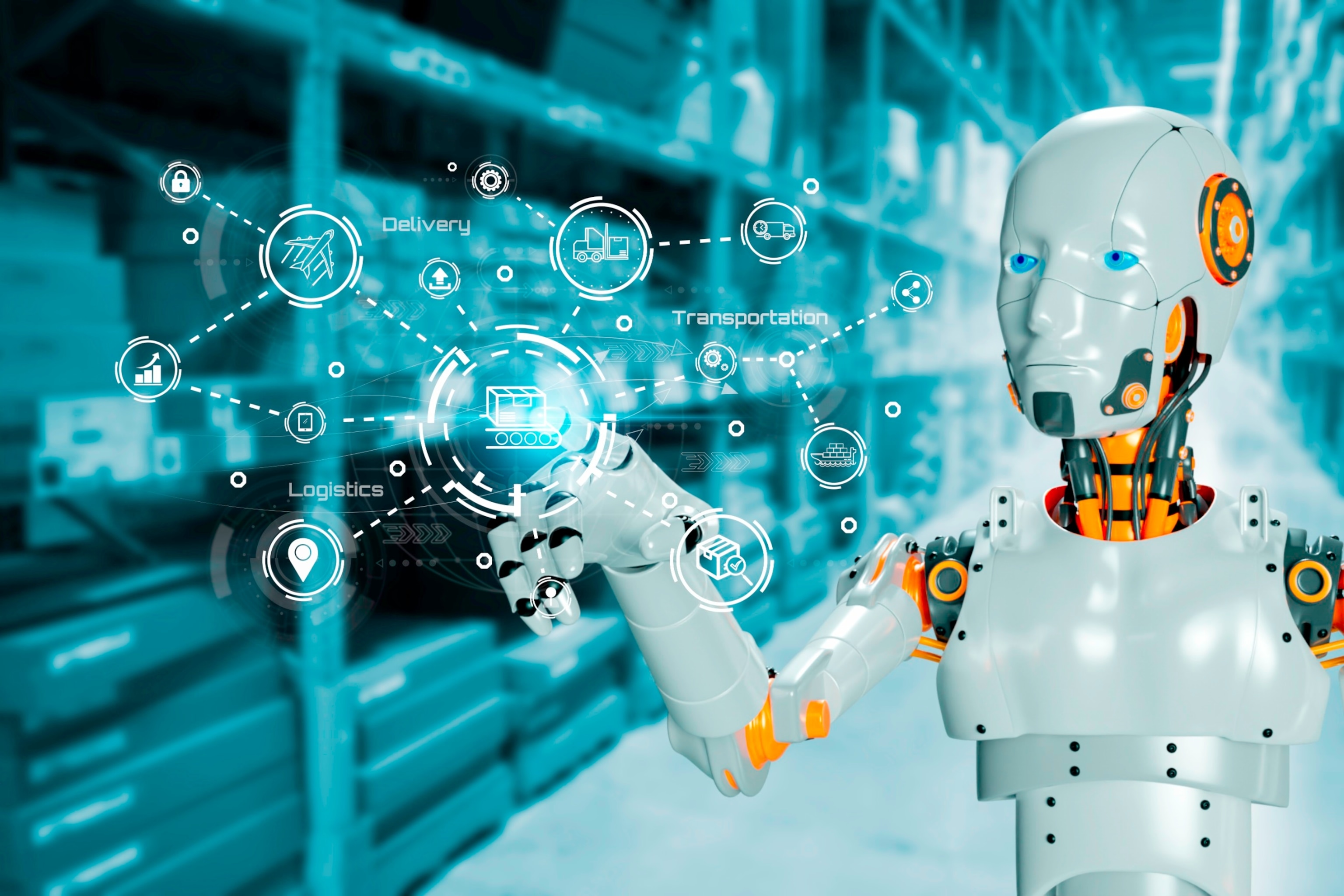PHOTO: AI technology humanoid robot touch screen UI technology AI interface future warehouse export and import future robot technology in this undated stock photo.