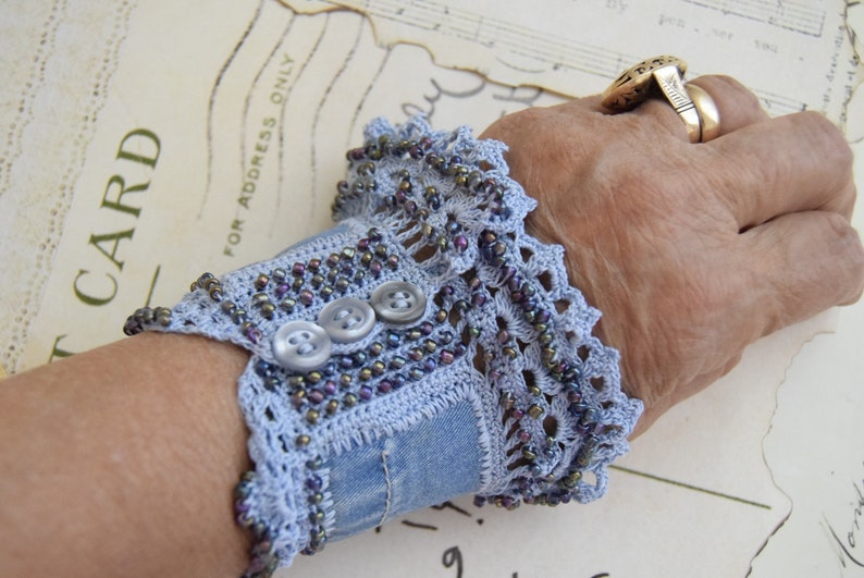 Denim bracelet crocheted lace with beadsUpcxycled handmade image 3