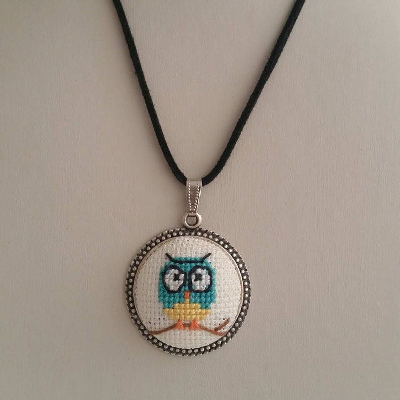 Cross stitch Necklace Turquoise Owl Necklace Owl Cross image 0