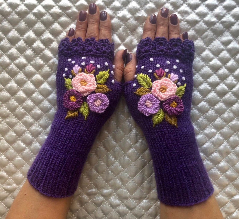 Knitted Fingerless Gloves Knitted  Purple Flower image 0