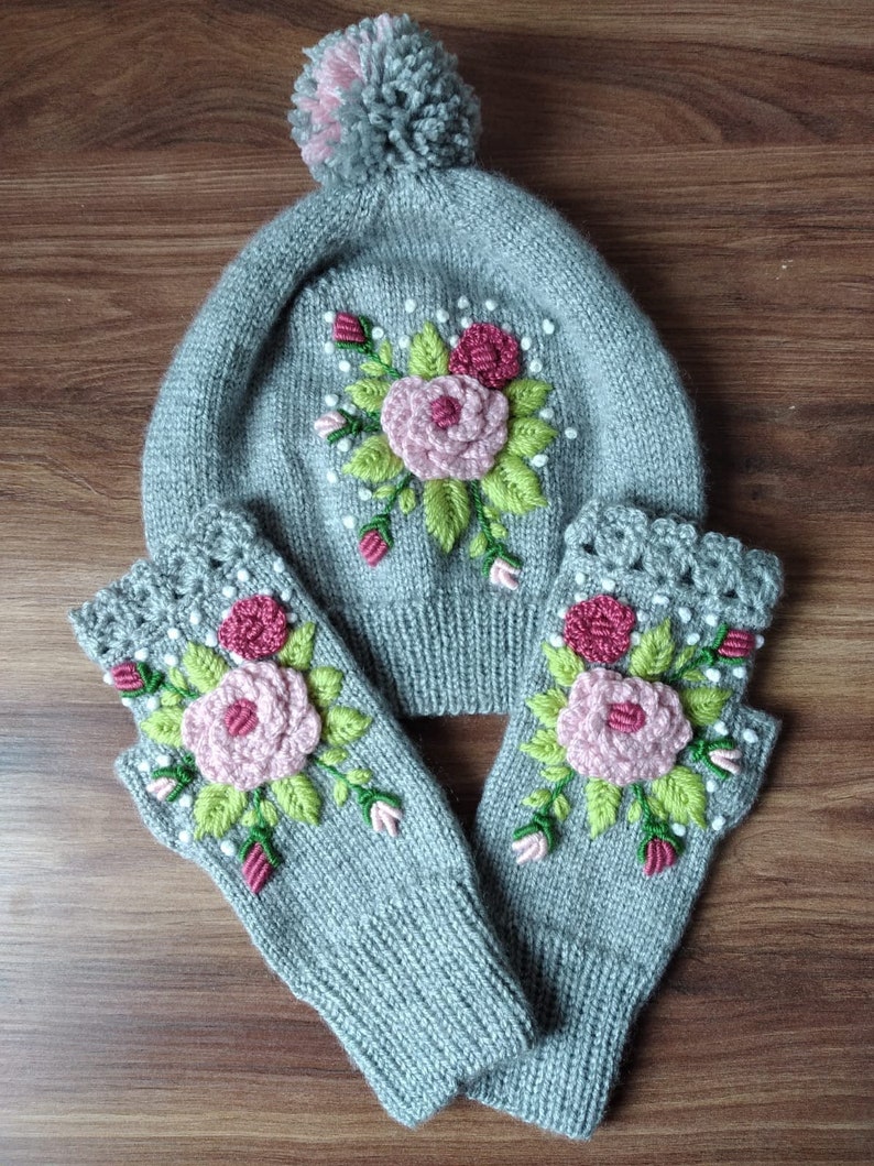Knitted Fingerless Gloves Knitted Hat Grey Rose image 0