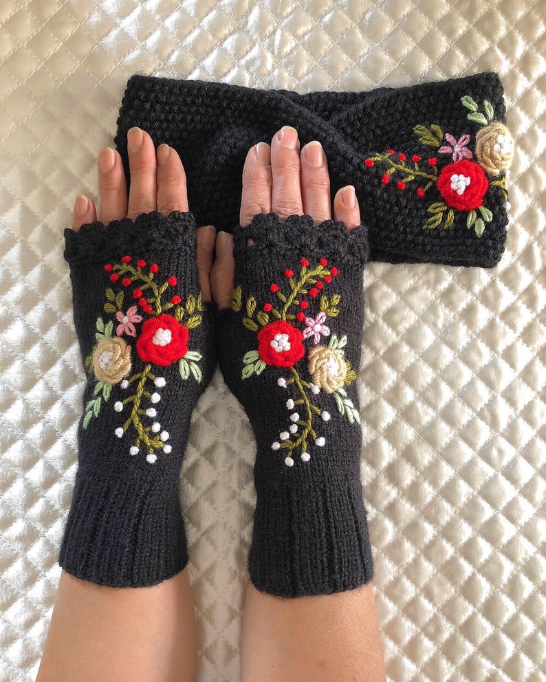 Knitted Fingerless Gloves Knitted Collar Black Flower image 0