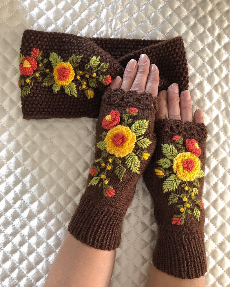 Knitted Fingerless Gloves Knitted Collar Brown Flower image 0