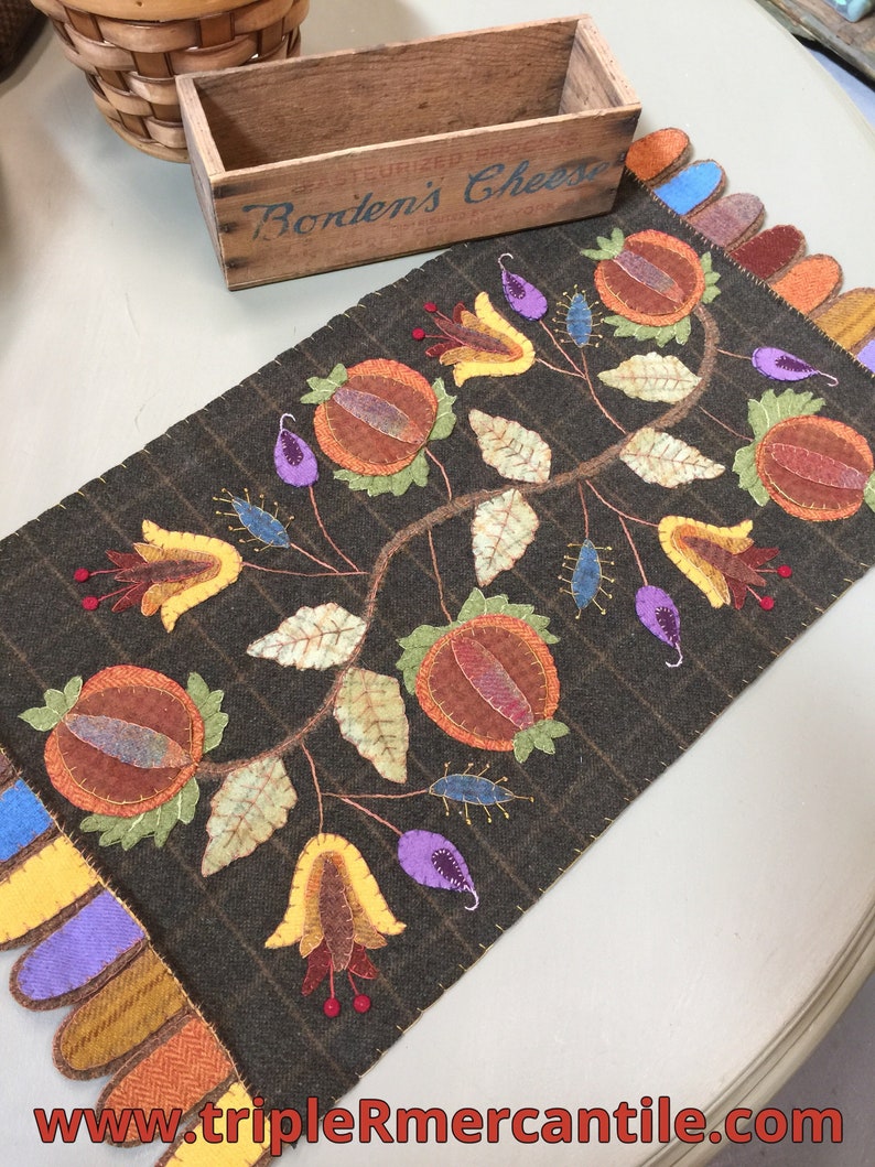 Pattern ONLY Autumn Colors Table Runner  wool applique image 1