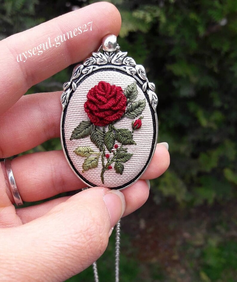 Embroidery Necklace Monogram Jewelry Hand Embroidered Pendant image 1