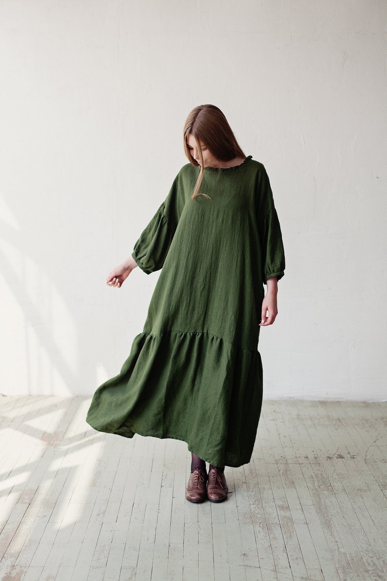 Oversized Linen Dress Kimono Style Dress Green Linen Dress image 1