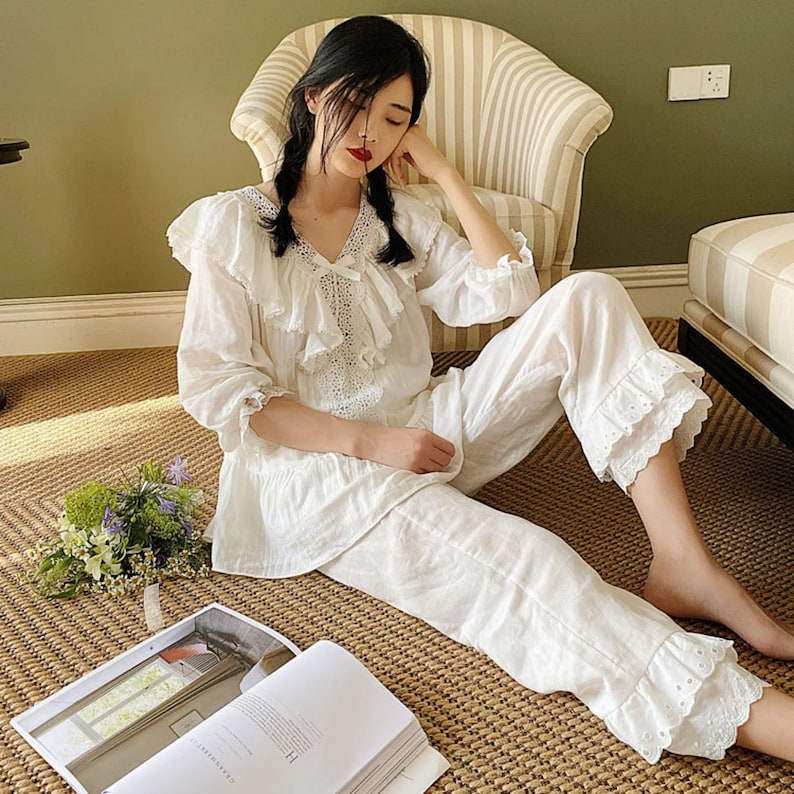 Comfortable Soft Cotton Pajama Set Vintage Nightgowns Long White
