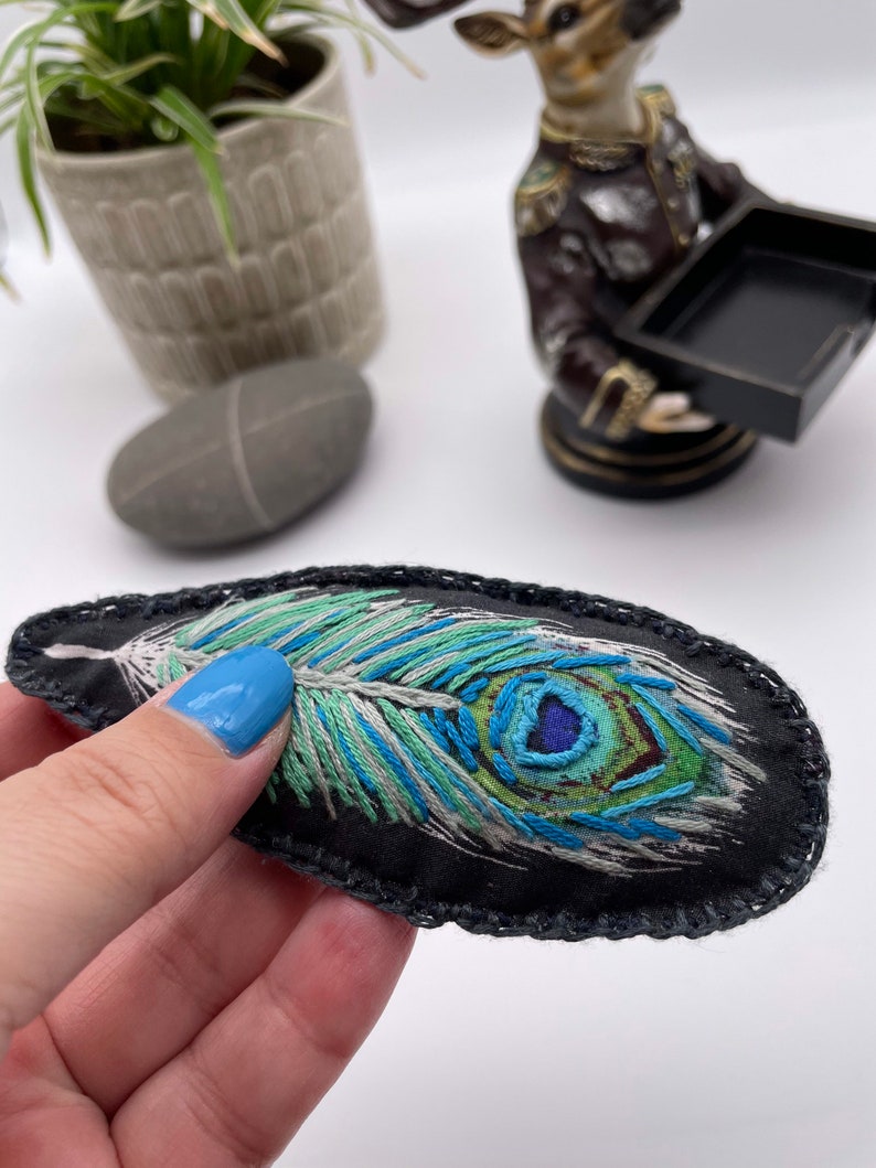 Unique hand embroidered upcycled peacock feather brooch on a image 1