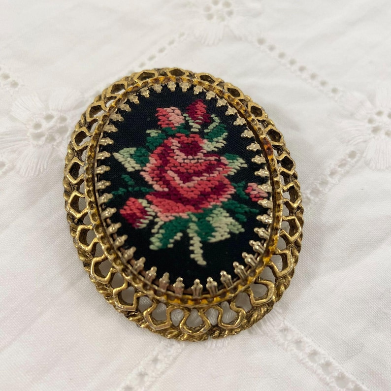 Vintage Embroidered Brooch Pin Rose Floral Womens Jewelry image 0