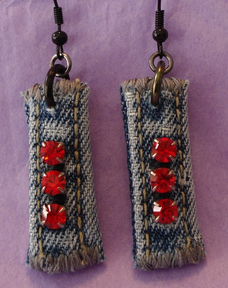 Denim Rhinestone earrings  red stones image 0