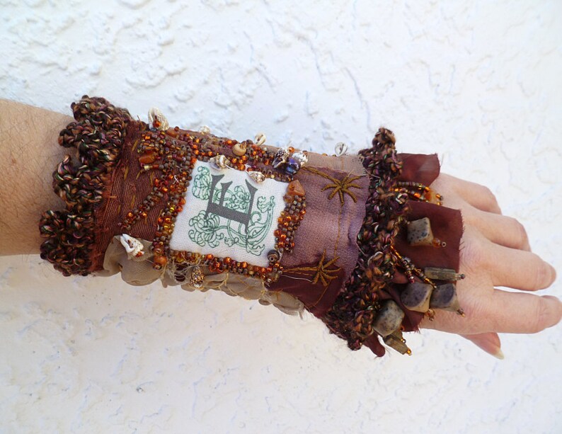 Fiber art bohemian style cuff monogram textile art hand image 1