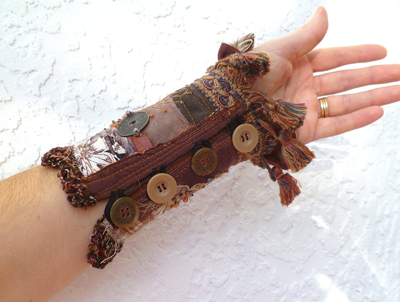 Bohemian hand stitched embroidery cuff fabric collage fiber image 2