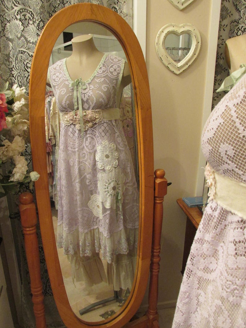 Vintage Kitty.. hand dyed lilac needle lace tunic sage green image 1