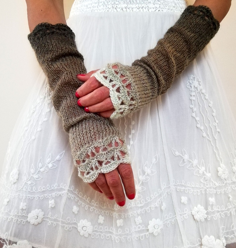 Long Fingerless Gloves Womens Arm Warmers Brown Cream Extra image 0