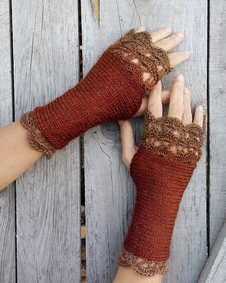 Fingerless Gloves Womens Arm Warmers Brown Winter Knit Gloves image 0