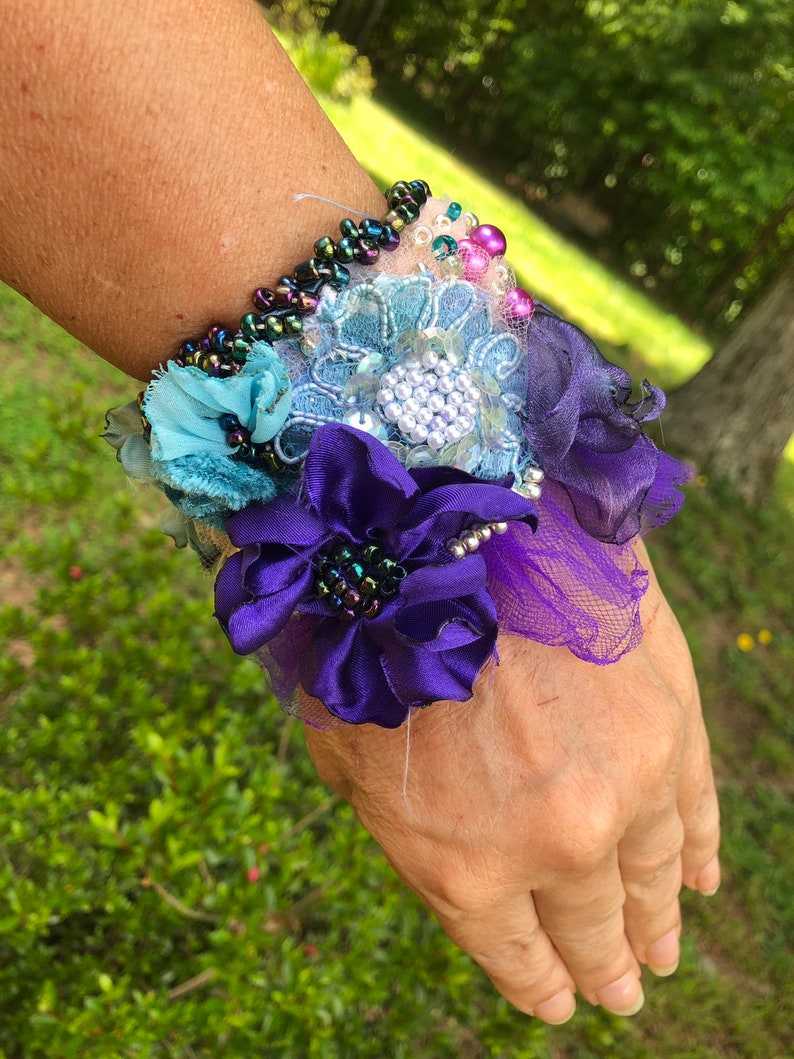 Textile boho chabby purple embroidered cuff bracelet image 4