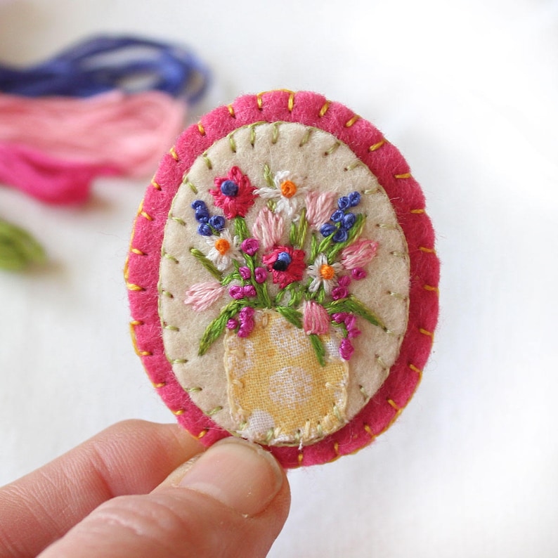 Hand Embroidered Flower Brooch with Tulips Narcissus Anemone image 0